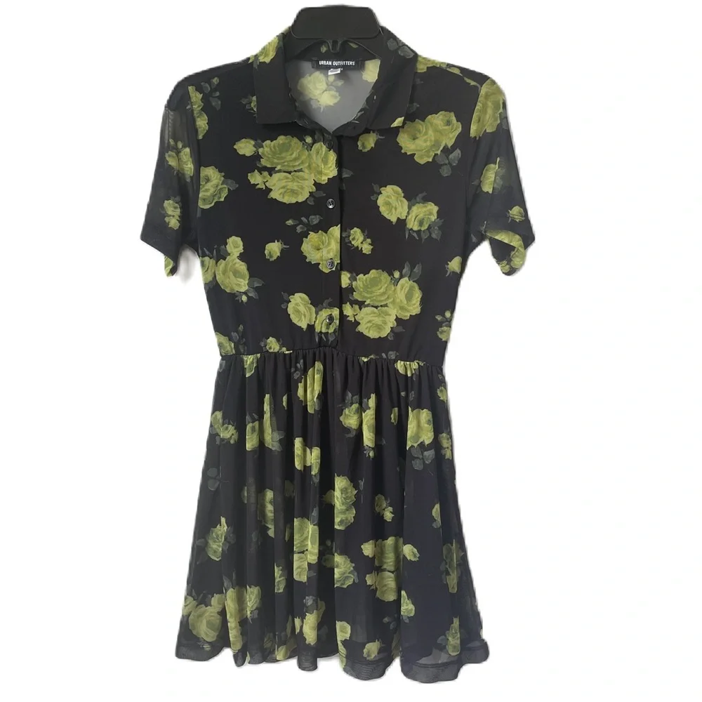Urban Outfitters mesh sheer floral 90s dottie collared mini shirt dress size S - Picture 1 of 13